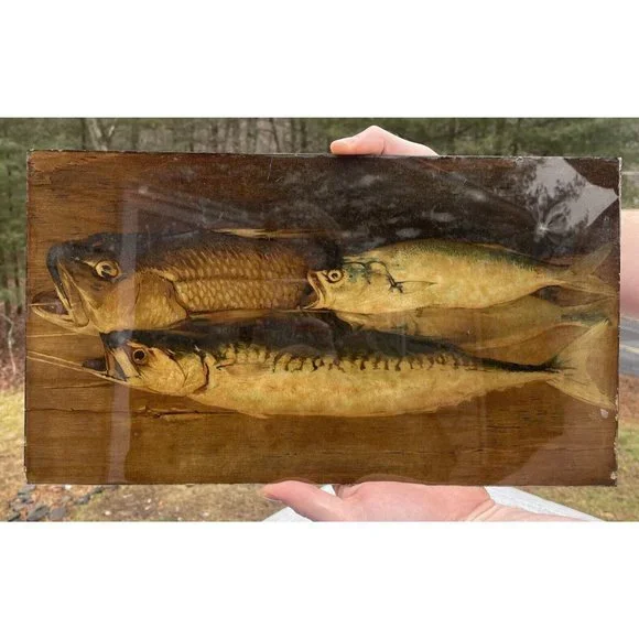 RARE Antique Victorian Flue Cover Fish Trade Advertise Nautical Glass Lithograph